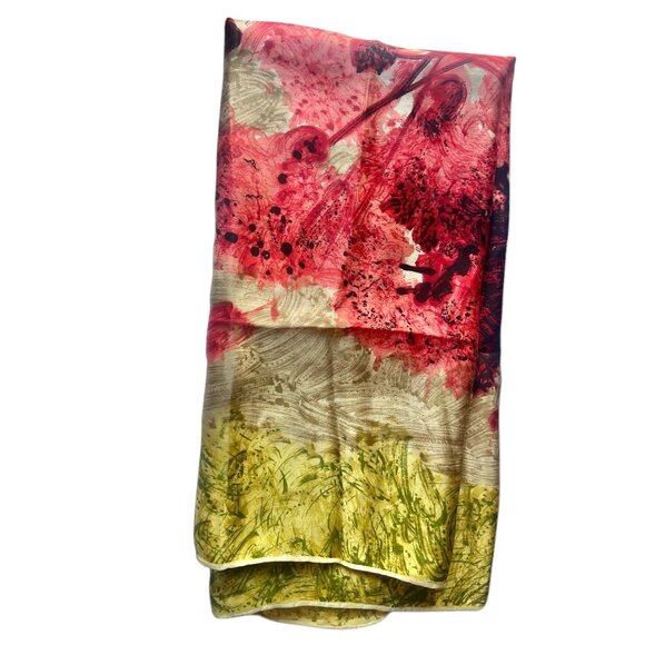 Silk Scarf 30" x 30" Abstract Red Floral & Green Design Rolled Hem - Picture 2 of 7